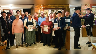 Linker Bildteil alle anwesenden, ausgezeichneten Jubilare mit 1. Vorsitzenden und Gauehrenvorstand, rechter Teil Gauehrung für verdienten Trachtler Horst Högner (Bild: Wilhelm Ertel)