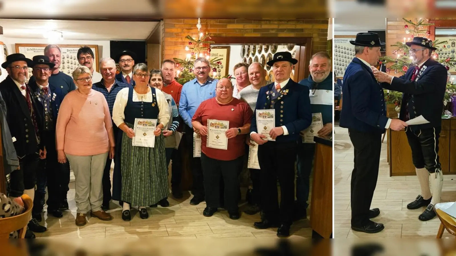 Linker Bildteil alle anwesenden, ausgezeichneten Jubilare mit 1. Vorsitzenden und Gauehrenvorstand, rechter Teil Gauehrung für verdienten Trachtler Horst Högner (Bild: Wilhelm Ertel)