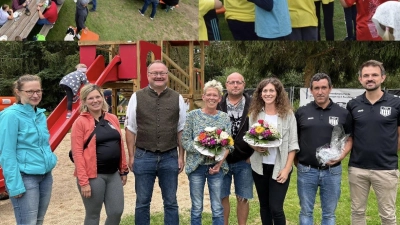 1. Vorsitzender Alfred Negel (Zweiter von rechts) dankte allen, die den Spielplatzneubau maßgeblich unterstützt haben. Stellvertretend von links nach rechts: Steffi Ringer und Verena Welsch (Abteilungsleitung Turnen), 1. Bürgermeister Uwe König, Vroni Grundler (1. Vorsitzende Förderverein FCF), Thomas Lühr (Dämmerschoppen-Ultras), Daniela Dehling (D'Freihunga Theatergrupp'm), Waldemar Weslch (Abteilungsleiter Fußball); nicht im Bild: Michael Kaiser, Platzwart und treibende Kraft bei den Bauarbeiten (Bild: Patrick Horn)