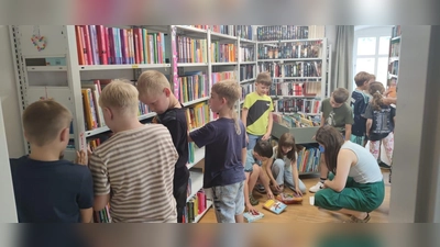 Die Lehrerin Theresa Süß mit den Schülerinnen und Schülern auf der Suche nach interessanten Büchern. (Bild: Theresa Süß)