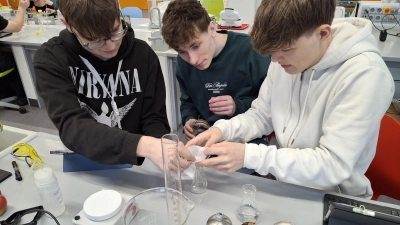 Die Oberstufe des Luisenburg-Gymnasiums Wunsiedel bei den Experimenten (Bild: Katharina Wagner)