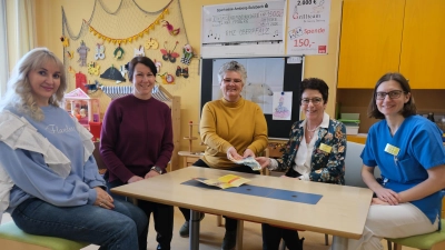 v.l. Olena Zadorozhna; Liubov Yemelianova; Bianca Schliep von der ISE; FLIKA-Vorsitzende Margit Meier; Stellv. FLIKA-Vorsitzende Dr. Birgit Prey. (Bild: Sandra Dietl Klinikum St. Marien Amberg)