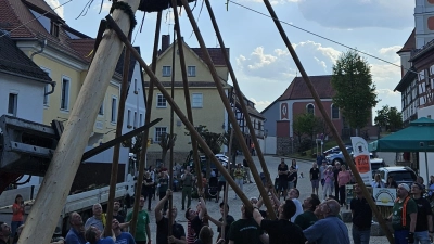 Rund 25 Männer packten mit an, um den Maibaum am Marktplatz aufzustellen. (Bild:  Matthias Bätzl)