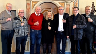 Die Reisegruppe beim Erinnerungsfoto mit (v. l.) Hans-Jürgen Rudnik, Eberhard Kronstein, Stadtrat Hans Forster, Bürgermeisterin Anke Hanzlick, Oberbürgermeister Rolf Schmidt, Herbert Tischler und Stadtrat Karl Bärnklau. (Bild: Margaretha Czichon)