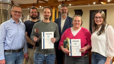 Das Bild zeigt den CSU-Bürgermeisterkandidaten Roland Forster, den neuen Vorsitzenden Felix Sommer, die geehrten und ausscheidenden Mitglieder Kilian Mauderer und Johanna Hofmeister, dahinter den CSU-Ortvorsitzenden Wolfgang Prebeck sowie die stellvertr. JU-Kreisvorsitzende Franziska Hoffmann (von links) (Bild: Maximilian Prebeck)