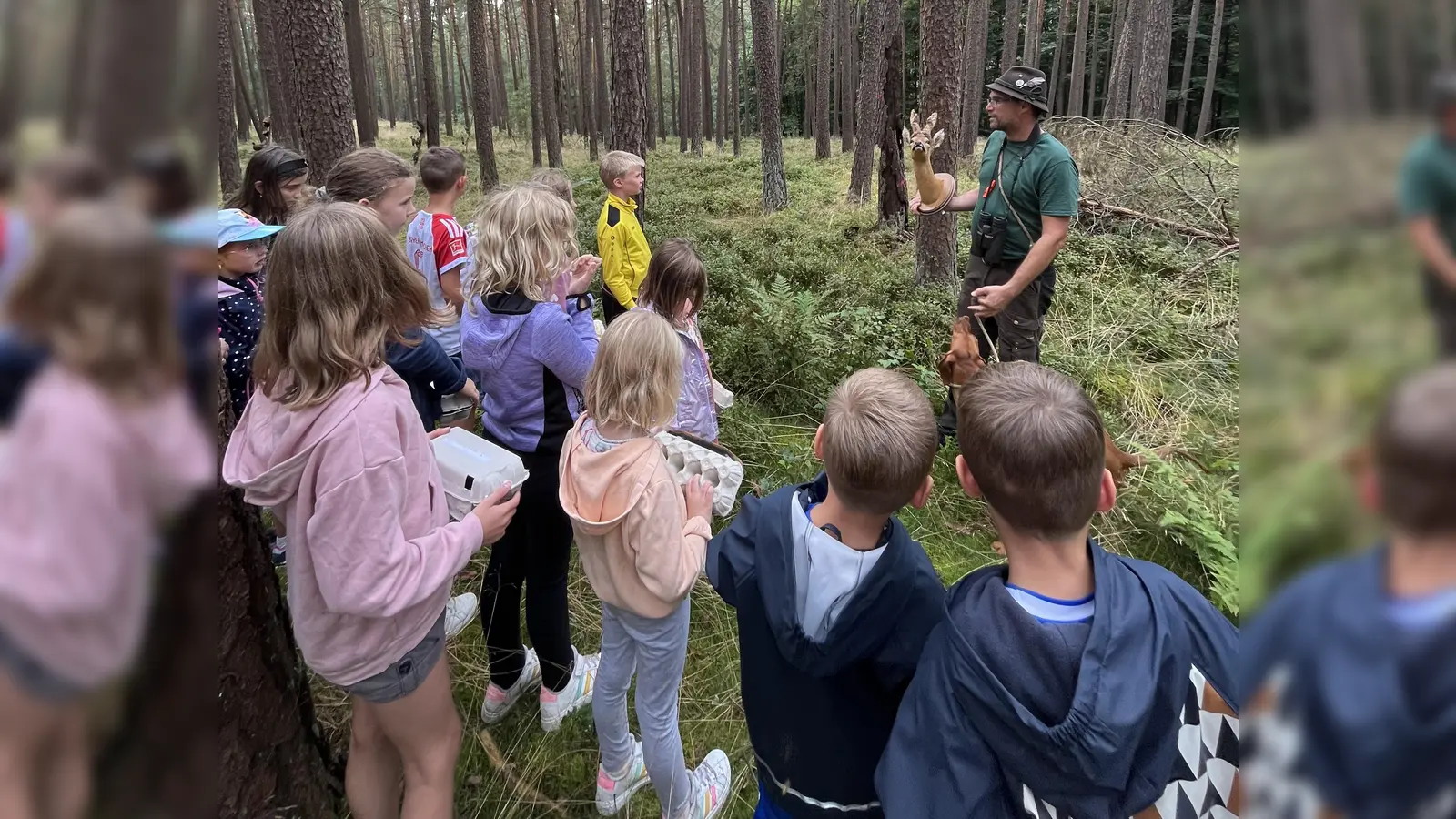 Station im Wald: Vorstand Jim Sporrer erzählt den Kindern das wichtigste zu den verschiedenen Bewohnern des Waldes (hier im Bild: präpariertes Reh) (Bild: Annika Sporrer)