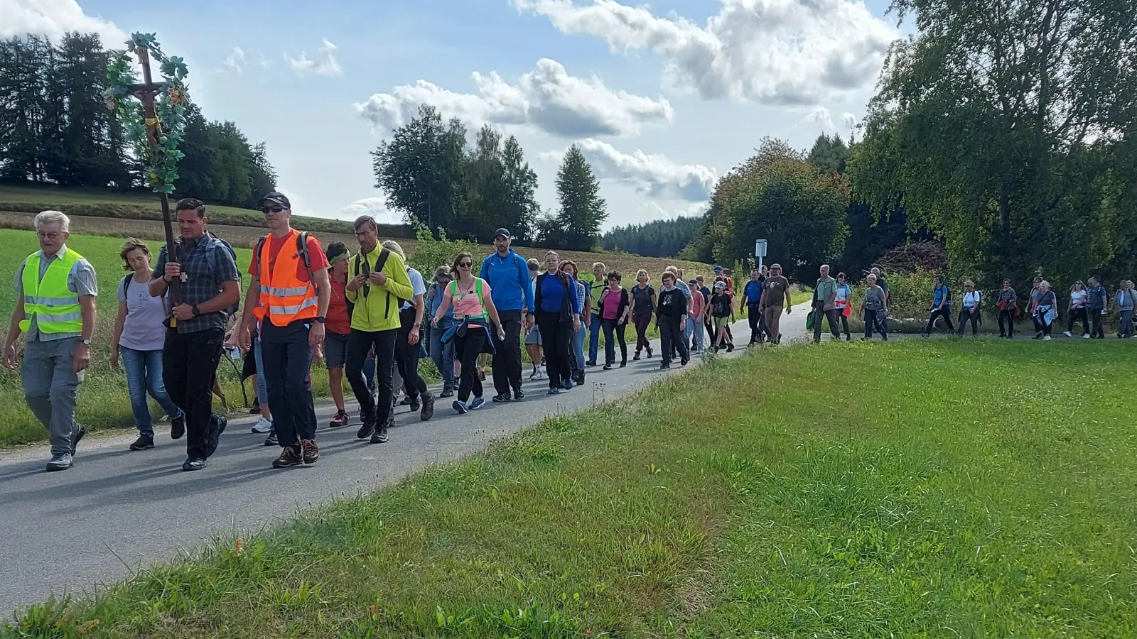 Der Pilgerzug betend und singend durch Wald und Flur von Enzenrieth nach Pleystein (Bild: Tobias Gallersdörfer)