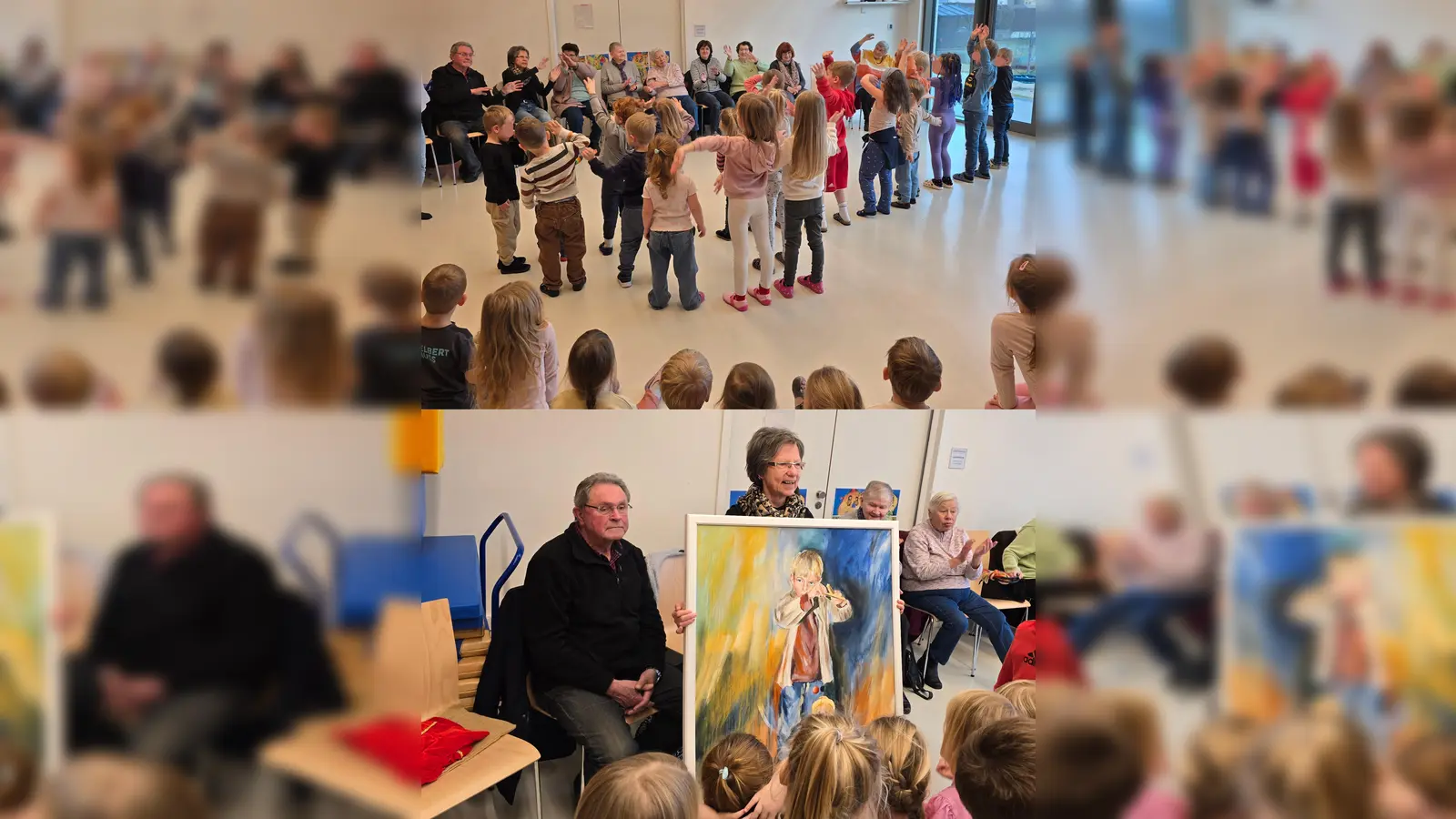 oben: Kinder und Senioren winken während sie ein Lied singen, <br>unten: Die Übergabe des Bildes, links daneben Maler Hans-Günther Pietschmann. (Bild: Franziska Lang)