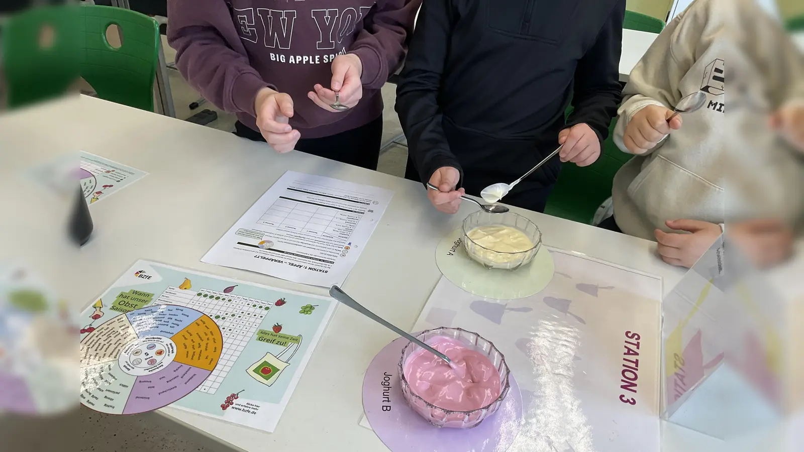 Schüler beim Testen von Joghurt. (Bild: Bianca Regner-Hofmann)
