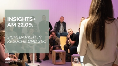 Die Grafik kündigt die Insights+-Veranstaltung zu KI-Suche, SEO und Online-Marketing im Stadtlabor+ an. (Bild: exb)