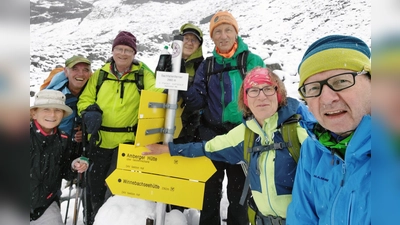 Foto: Immer noch bei guter Laune: Christa Watzke, Josef Kunz, Martin Keltsch, Willi Födisch, Gerhard Schneider, Birgit Schelter und Tourenführer Rainer Rahn (von links) am Umkehrpunkt auf 2.660 Meter. (Bild: Rainer Rahn)