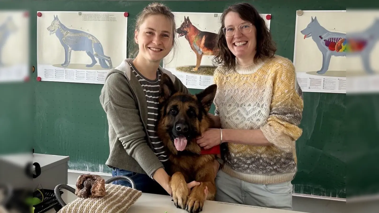 Schulhund des Gymnasiums Eschenbach in Aktion mit Frau Steinmüller und Frau Kurz (Bild: Bianca Regner-Hofmann)