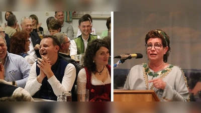 Die Fastenpredigt von Mama Bavaria nahmen die drei Bürgermeisterkandidaten Jonas Dittrich (vorne) sowie Thorsten Grädler (hinten li.) und Frederic Pröls (hinten re.) mit Humor auf.  (Bild: Willi Ertl)
