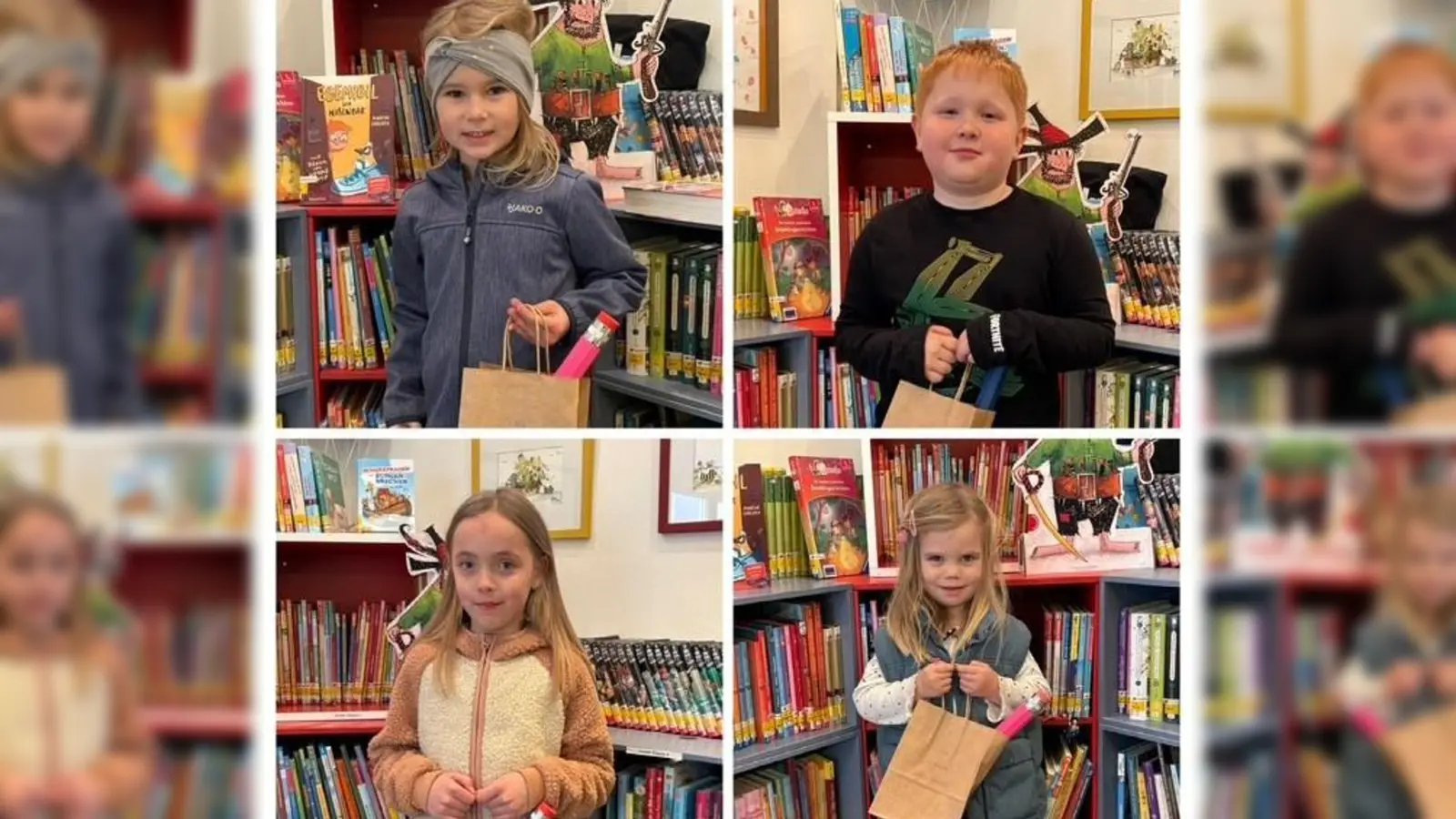 Die fleißigsten Leser des Jahres 2025 bekamen eine kleine Anerkennung. Amelie Kögler, Noah Wenning, Lina Minnich, Emily Schmidt. (Bild: Martina Reger)