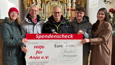 Eva zeitler (li), Christian Gebhardt (2.v.li.) als Organisator des Glühwein- und Bratwurststandes, Elias Rodler (2.v.re.) und Antonia Reiß (re) überreichten An „”Anja”-Vorsitzenden Michael Sporrer (Bildmitte) den symbolischen Spendenscheck.  (Bild: Robert Dotzauer)