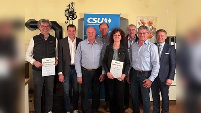 Die Geehrten der Jahreshauptversammlung.<br>von links Peter Andritzky, Ortsvorsitzender Andreas Malzer, Richard Eckstein, Alfons Haberkorn, Inge Härtl, Reinhard Betzl, Uwe Rosner, Kreisvorsitzender Tobias Reiß. (Bild: Julia Hamann)