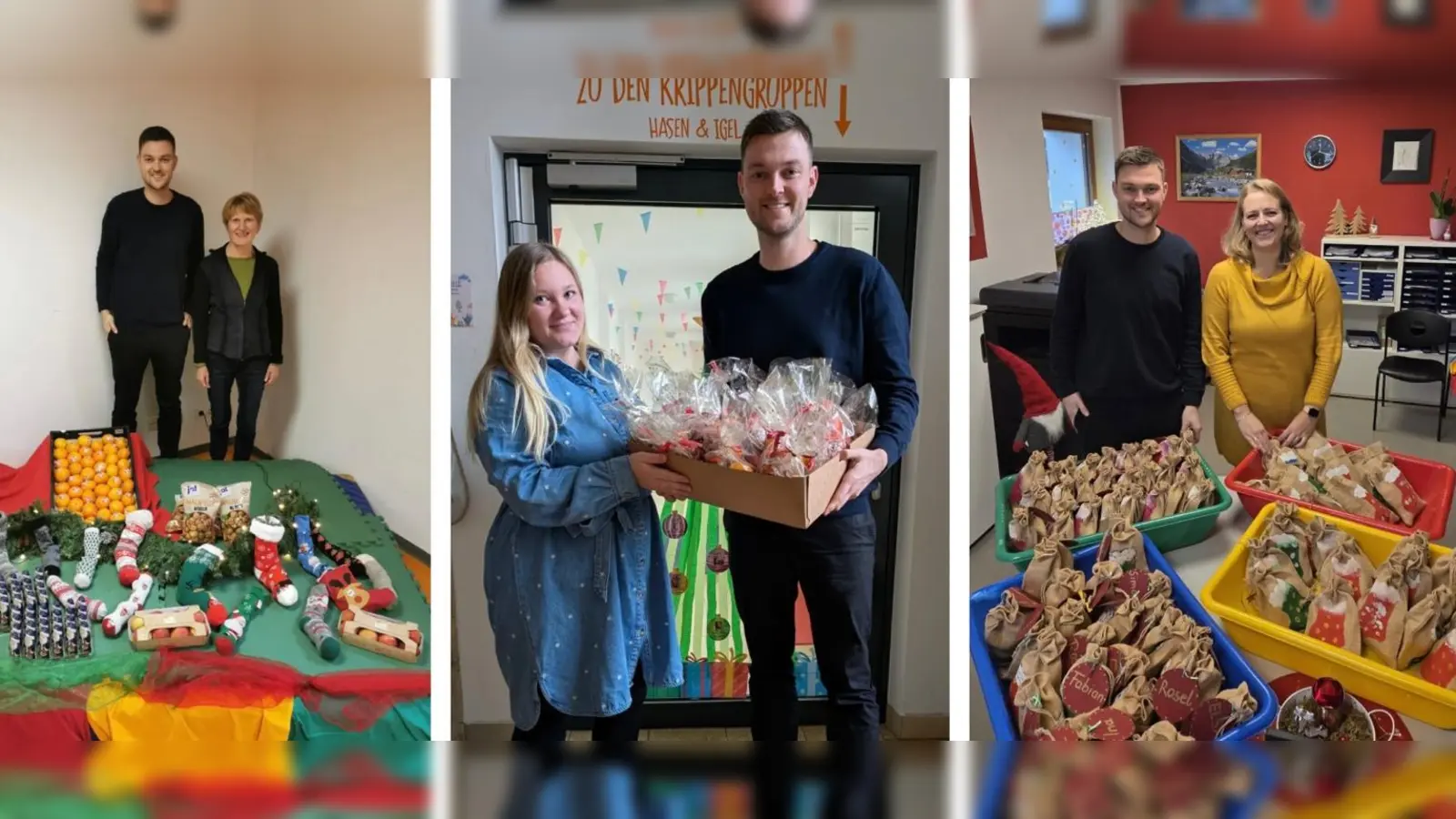 Bürgermeisterkandidat Frederic Pröls bei der Übergabe der Nikolauspräsente an die Kindergärten Sorghof, Schlicht und Vilseck (Bild: Barbara Streit)