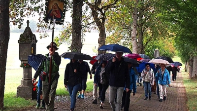 Die Pilgergruppe auf dem Weg zum Mausberg. Vor Burgstall wurde auch der Regenschirm zum ständigen Begleiter. (Bild: Fritz Dietl)