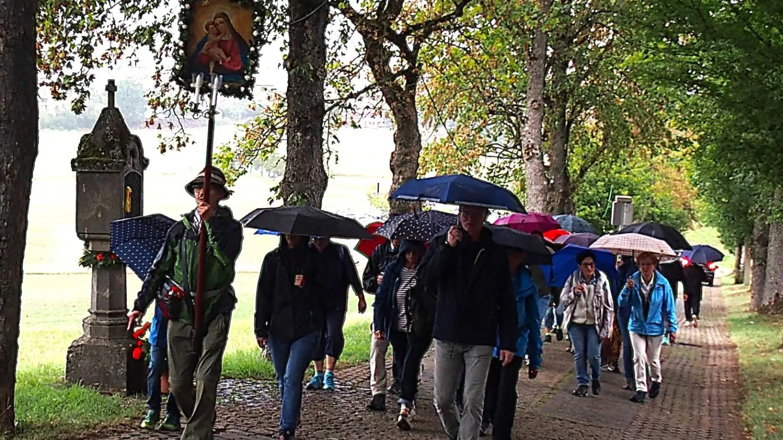Die Pilgergruppe auf dem Weg zum Mausberg. Vor Burgstall wurde auch der Regenschirm zum ständigen Begleiter. (Bild: Fritz Dietl)
