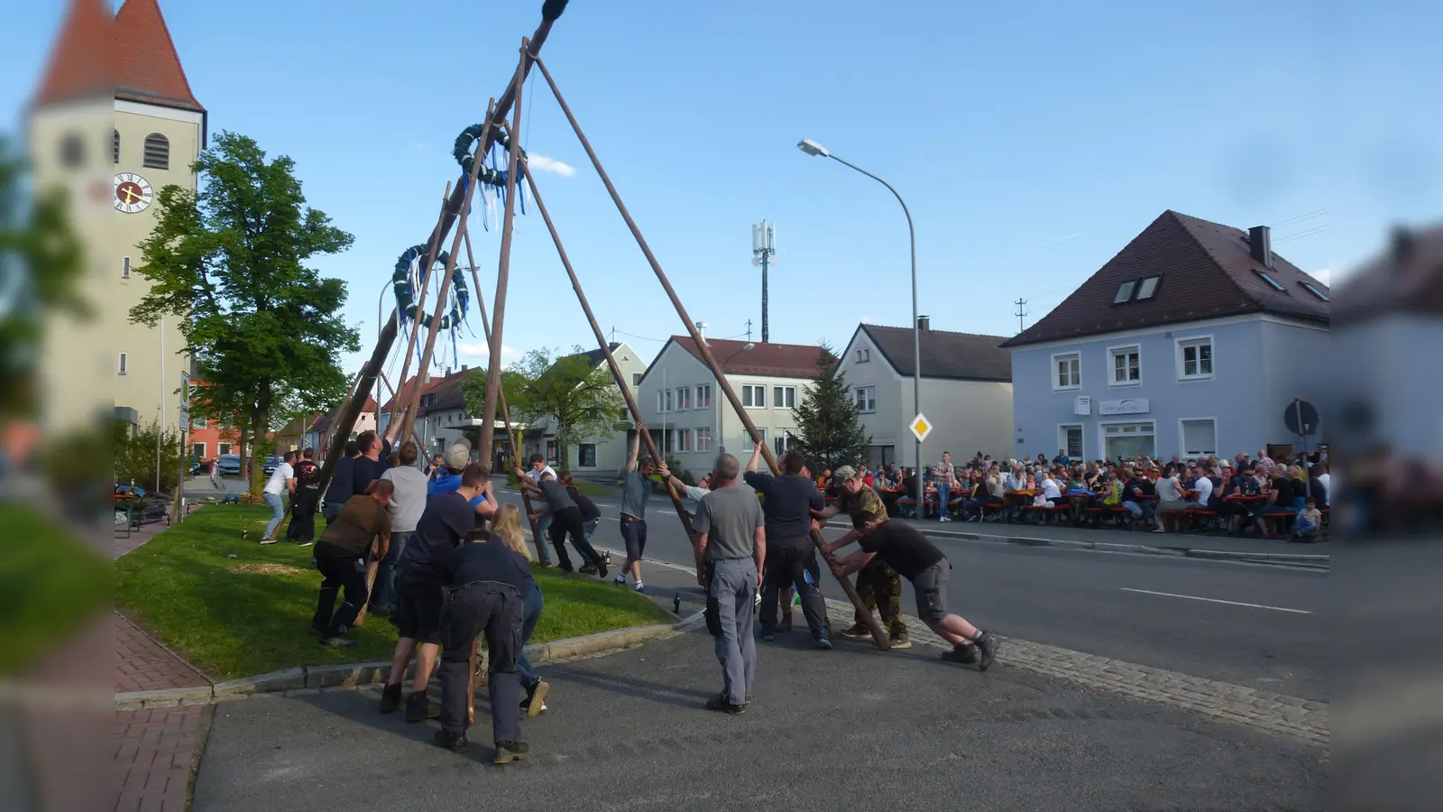 Ohne maschinelle Hilfe hievten rund 30 Burschen den Maibaum in die Senkrechte (Bild: Siegfried Bock)