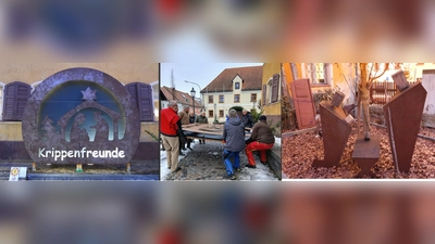 Vereinskrippe, Fleißige Helfer beim Aufbau Vereinskrippe, Moderne Krippe von Markus Grünwald<br><br> (Bild: Ulrich Reindl)