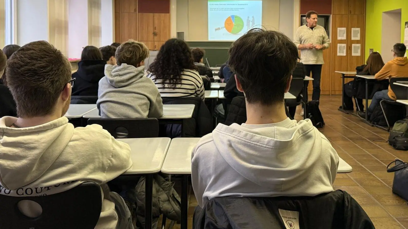 Herr Lindner (AOK) beim Knigge-Seminar an der Wirtschaftsschule Weiden. (Bild: Jürgen Dobmann)