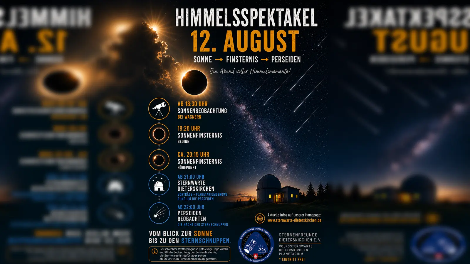 Der Flyer kündigt die Lange Nacht der Astronomie mit Sonnenfinsternis und Perseiden in Dieterskirchen an. (Bild: exb)