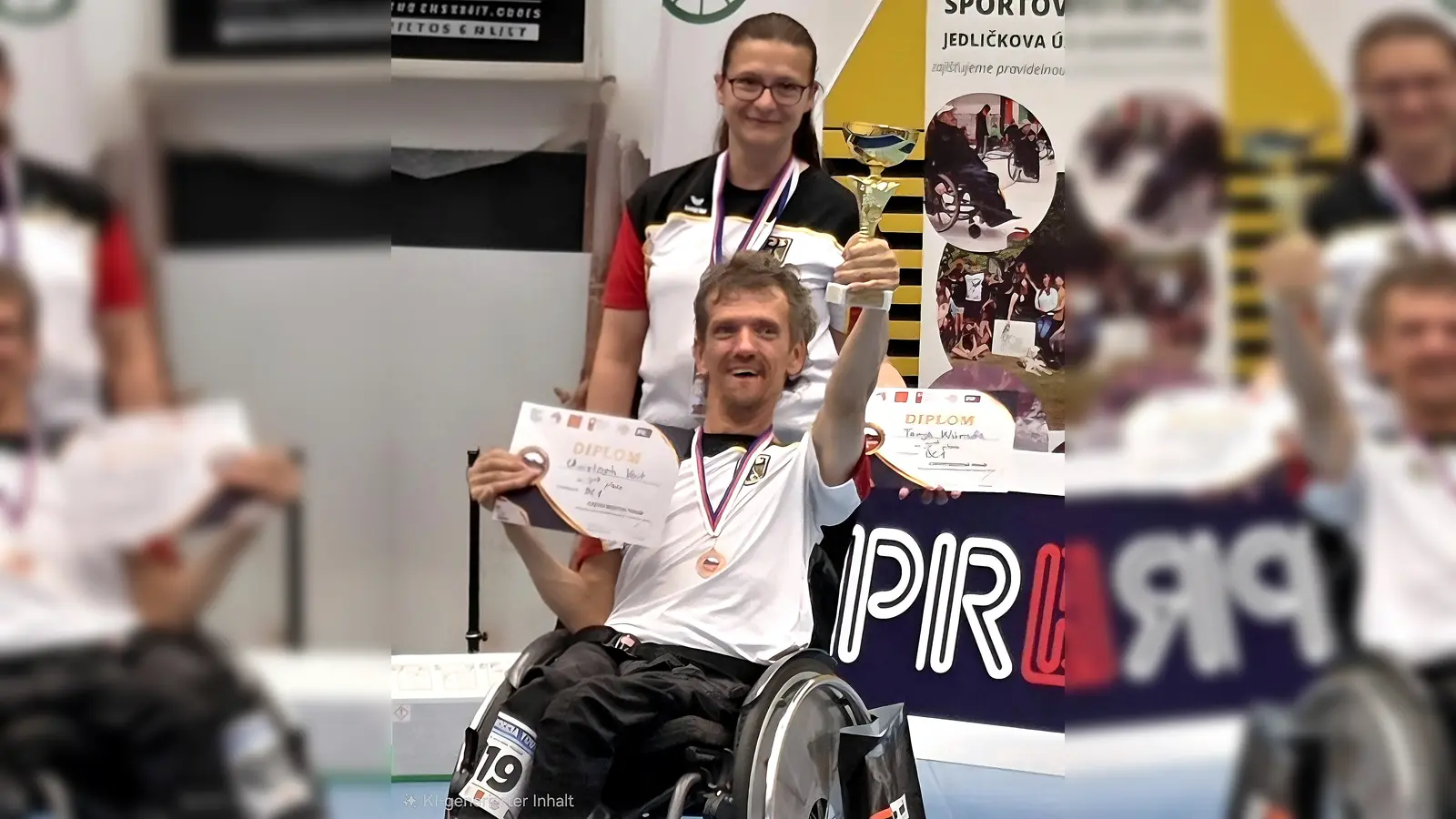Christoph Voit freute sich gemeinsam mit Sportassistentin Tanja Wünsch über den dritten Platz beim Czech International Open Tournament in Prag. Mit Urkunde und Pokal hielt er seinen bislang größten Erfolg bei diesem Turnier fest. (Bild: Karl Voit)