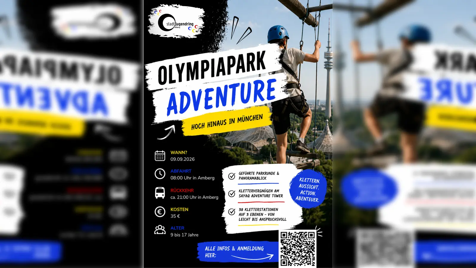 Das Plakat kündigt die Ferienprogramm-Fahrt des Stadtjugendrings Amberg in den Olympiapark München an. (Bild: exb)