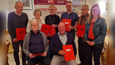 Die Geehrten erste Reihe sitzend von links nach rechts: Albert Forster, Karl Liebl sen.,<br>stehend von links nach rechts: Martin Hierold, Christine Schinzel, Gabi Reitinger-Maier, Johannes Maier, Josef Rauch, MdL Nicole Bäumler (Bild: Hans Maier)