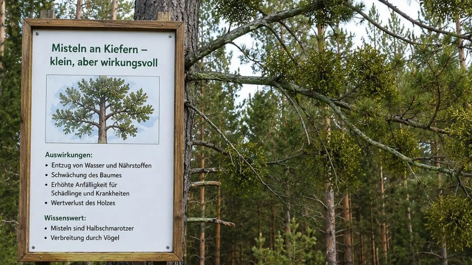 „Während Misteln zur Weihnachtszeit als Glücksbringer gelten, stellen sie im Wald zunehmend ein Problem dar. Revierleiter Kevin Kraus informierte bei der JHV über die Auswirkungen von Misteln an Kiefern.“ (Bild: Lisa Bodendörfer)