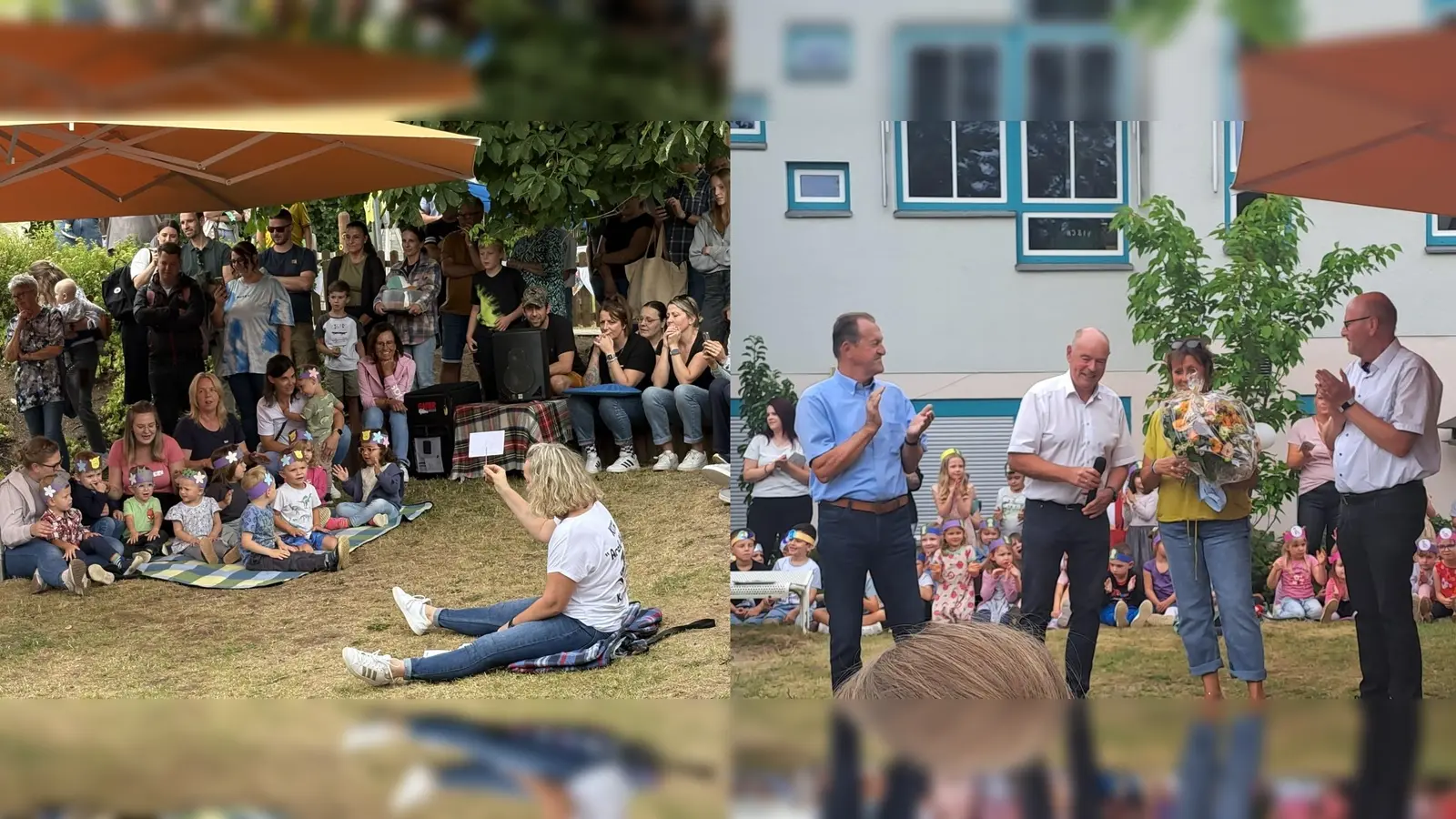 Vorführungen einer Kindergarten-Gruppe v.l. Richard Gaßner, Roland Strehl, Kita-<br>mit Andrea Meier Klaudia Meindl und Klaus König <br> (Bild: Uwe Kümmeth)