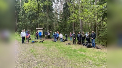 Zwei- und Vierbeiner vor dem Eingang zum Walderlebnispfad. (Bild: Kornelia Heinl)
