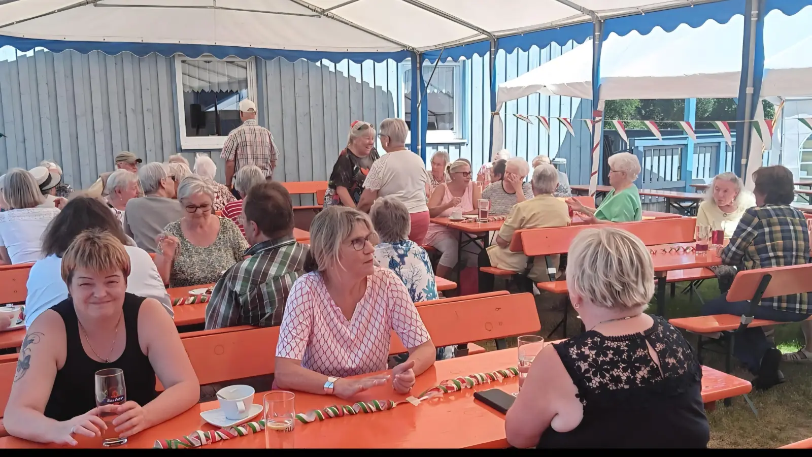 Die Senioren der Arbeiterwohlfahrt bei herrlichem Sommerwetter im Biergarten der BSG Sportgaststätte. (Bild: Monika Schlegl)