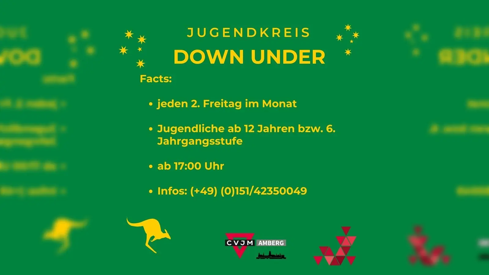 Flyer zum Jugendkreis „Down under” Infos unter +49 1514 2350049 (Grafik: CVJM Amberg e.V.)