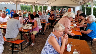 Blick ins gut besetzte Festzelt: Die Gäste der Siedlergemeinschaft Eigenheim Mooslohe ließen sich trotz der sommerlichen Hitze die gute Stimmung und die gesellige Runde nicht nehmen. (Bild: Reinhard Kreuzer)