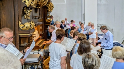 Der Basilikachor Waldsassen unter Leitung von Kirchenmusikdirektor Andreas Sagstetter (rechts) hat beim Chorausflug nach Straubing den Gottesdienst zum Skapulierfest in der Karmelitenkirche gestaltet. Martin Schwendke begleitete an der Orgel. (Bild: Paul Zrenner)