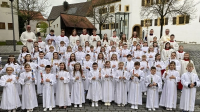 Gruppenbild der Erstkommunionkinder, den Ministranten, Pfarrer Hannes Lorenz (oben rechts) und Gemeindereferent Thomas Kern (oben links). (Bild: Raphael Haubelt)