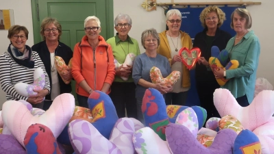 Die vom Frauenbund Vilseck gefertigten Herzkissen sollen bald Brustkrebspatientinnen auf ihrem Genesungsweg begleiten. (Von links): Elisabeth Märtin, Monika Mrosek, Elfriede Kredler, Sonja Andraschko, Anita Hentschke, Veronika Pröls, Gudrun Quarder und Christine Schedl.  (Bild: Rosi Hasenstab)