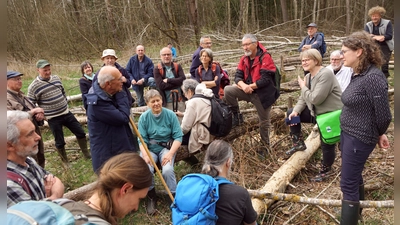 Der Biber hilft die beiden Moorgebiete wieder zu vernässen. Nicht ganz ohne Probleme für angrenzende Flächen. Bei der Rast am gefällten Pappelwald wurden die Verdienste von Peter Hausbeck, Norbert Dirscherl und Peter Zimmermann herausgehoben. Vorsitzende des VSL Cäcilia Kastl-Meier mit grüner Umhängetasche (Vierte von rechts), stehend mit roter Jacke Norbert Dirscherl, Peter Hausbeck mit blauer Jacke und Stock auf der linken Bildseite und neue Schatzmeisterin Elisabeth Frank stehend (Zweite von rechts).  (Bild: Bernhard Kreuzer )