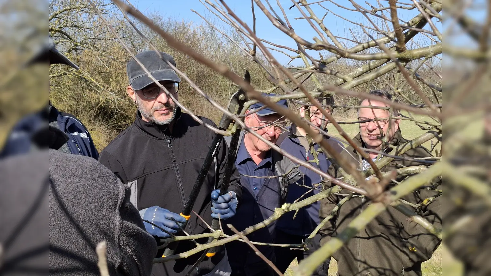 15 Mitglieder kamen zum Obstbaumschnittkurs der Neustädter Siedlergemeinschaft. Thorsten Bär (links), Mitglied in der Vorstandschaft, führte fachkundig vor, wie man einen Obstbaum richtig schneidet. (Bild: Jana Rustler)