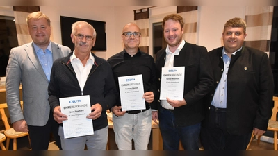 Ehrungen (von links) stellvertretender Landrat Stefan Braun, Josef Englhard (45 Jahre Mitglied), Bertram Menzel (10 Jahre Mitglied), Henner Wasmuth (1.Vorsitzender / 15 Jahre Mitglied und 1. Bürgermeister Dieter Dehling (Bild: Norbert Weis)