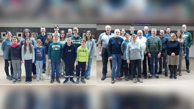 Die Sieger des Nikolausschießens (links, mit Jugendleitung) und des Weihnachtsschießens (rechts). (Bild: Stefanie Kryschak)