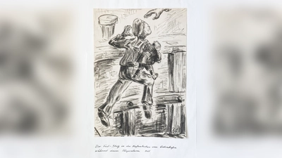 Kohlezeichnung von Rudolf Arndt, ein Beinahe-Sturz in das Hafenbecken von Gotenhafen.  (Bild: Jochen Neumann)