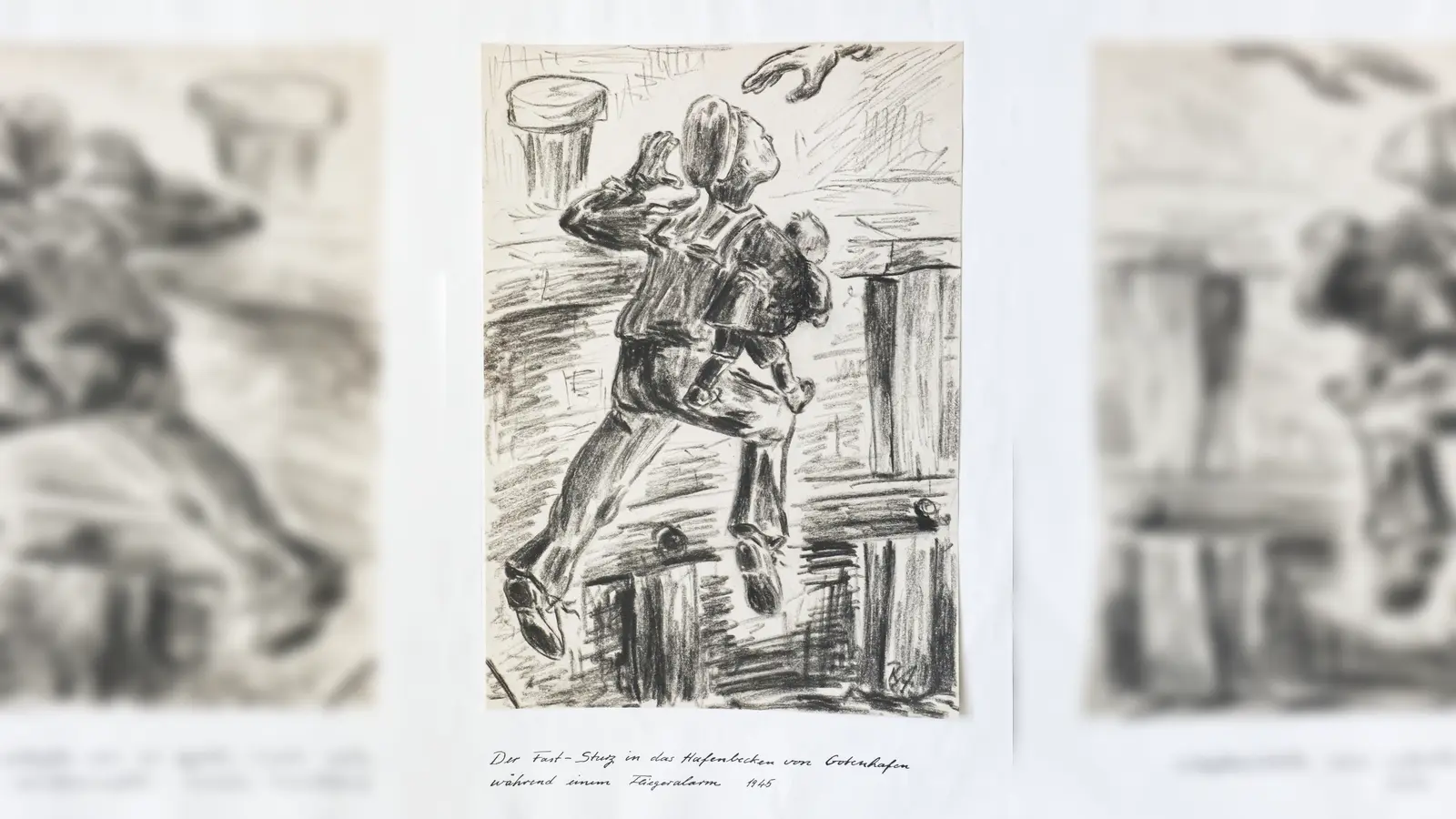 Kohlezeichnung von Rudolf Arndt, ein Beinahe-Sturz in das Hafenbecken von Gotenhafen.  (Bild: Jochen Neumann)