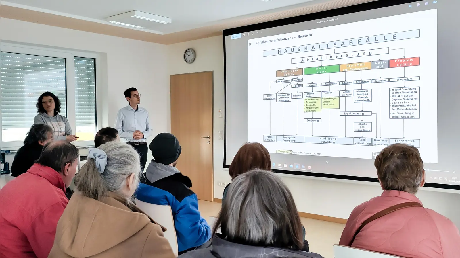 Einen Überblick über die verschiedenen Abfallsorten mit vielen Beispielen gaben die Leiterin des Abfallwirtschaftszentrums Stefanie Bräunkein und der Leiter der Deponie Andreas Meyer (stehend im Hintergrund), (Bild: Christina Ponader)