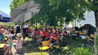 Bei ihrem ersten Open-Air-Auftritt vor Publikum zeigt die Bläserklasse aus Dieterskirchen was sie kann.  (Bild: Jasmin Brandl)