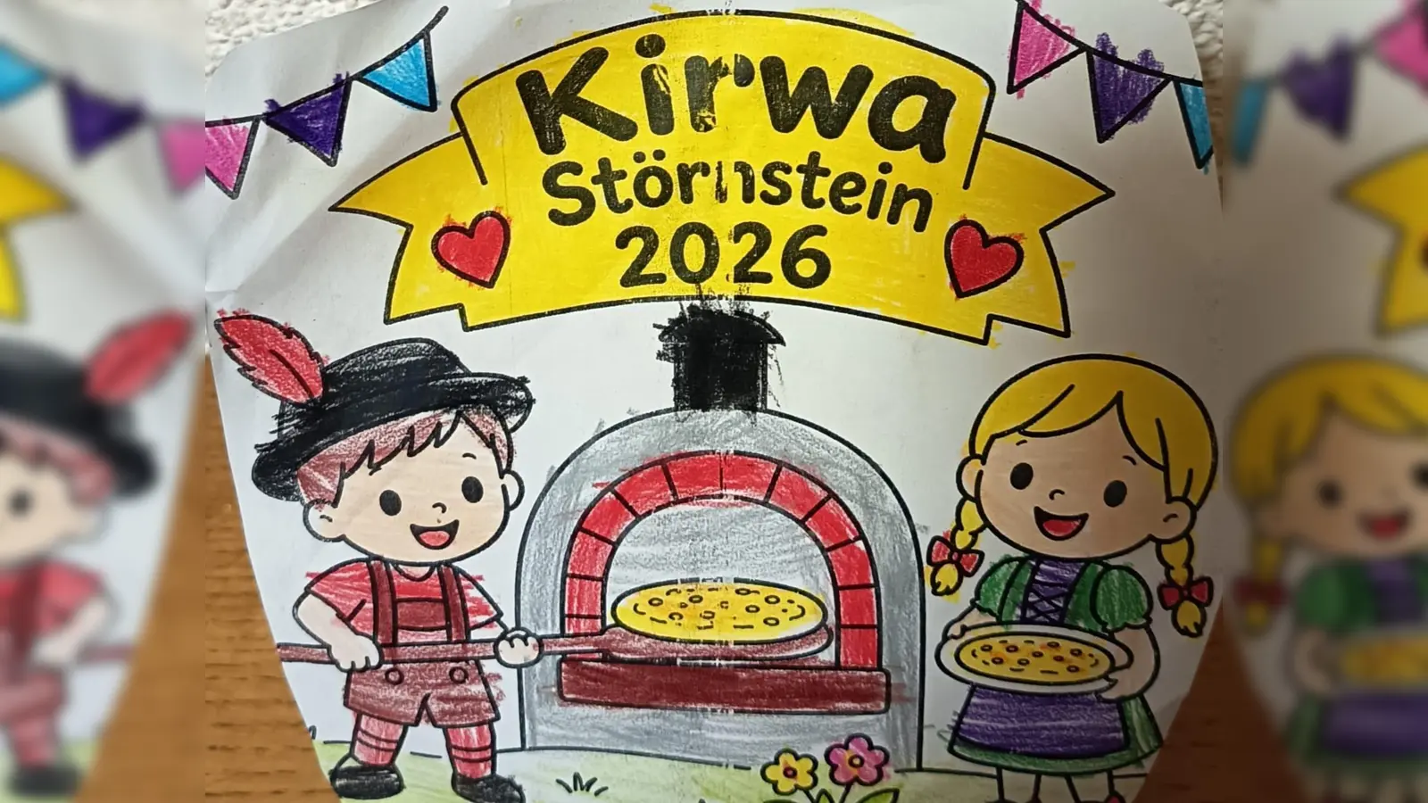 Die Kindergartenkinder überreichten als Dankeschön ein selbstgemaltes Bild mit dem Störnsteiner Backofen und Kirwakuchen. (Bild: Regina Reinl)