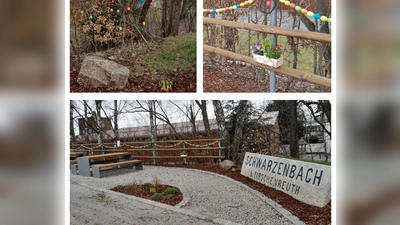 Raststation am Vizinalbahnradweg bei Schwarzenbach, österlich geschmückt vom Heimatverein. (Bild: Sabine Friedl)