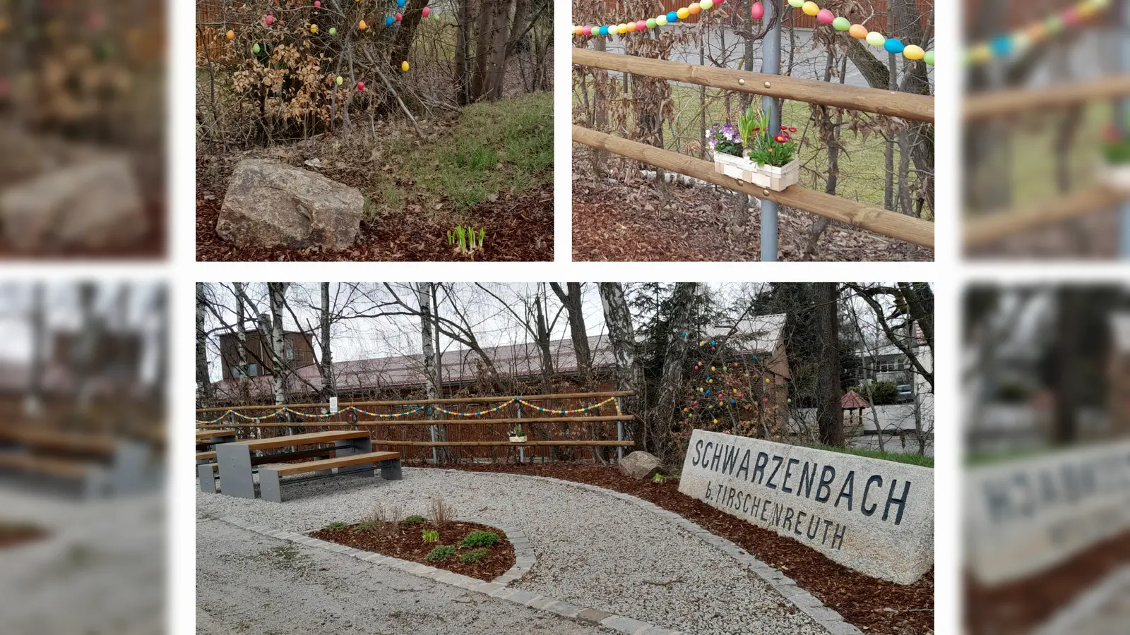 Raststation am Vizinalbahnradweg bei Schwarzenbach, österlich geschmückt vom Heimatverein. (Bild: Sabine Friedl)